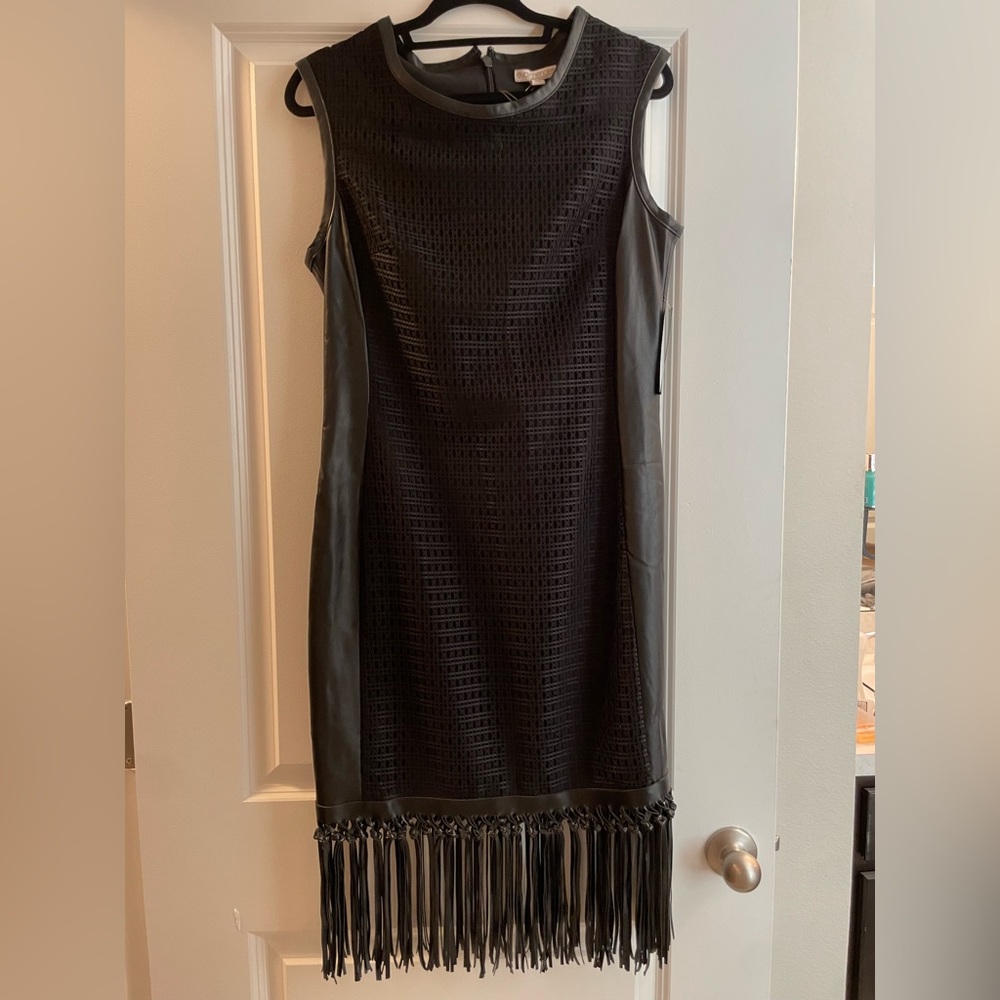 Eva•Mendes Faux Leather Fringe Black Dress BRAND NEW TAGS ATTACHED